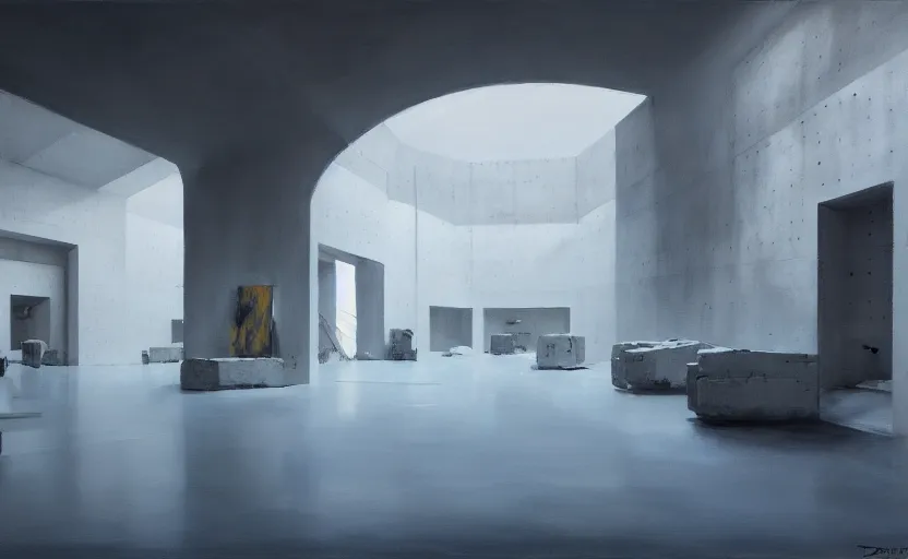 Image similar to painting of interior shot of a white concerete brutalist contemporary art museum by darek zabrocki and greg ruthkowski, cinematic and blue cold atmospheric, archillect concept art, artstation, trending on artstation