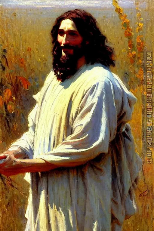 Image similar to impressionist brushstrokes!!!!!!!!! solomon joseph solomon and richard schmid and jeremy lipking victorian loose genre loose painting full length portrait painting of jesus with a slight smile happy inviting