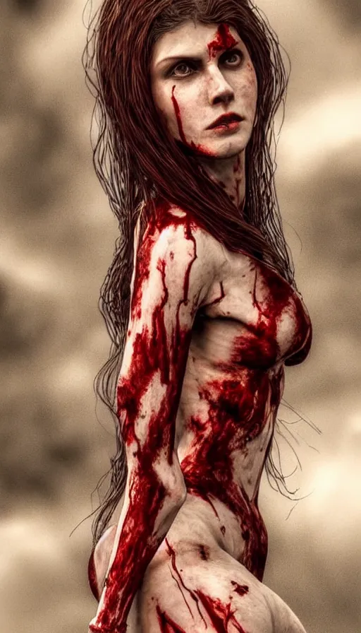 Image similar to woman skeleton body!!, black bones!!, covered with blood, alexandra daddario face!!, long red hair, ultra realistic, concept art, intricate details, highly detailed, photorealistic, octane render, 8 k, unreal engine. retro film still, heavy grain, 3 5 mm, art by artgerm and greg rutkowski and alphonse mucha