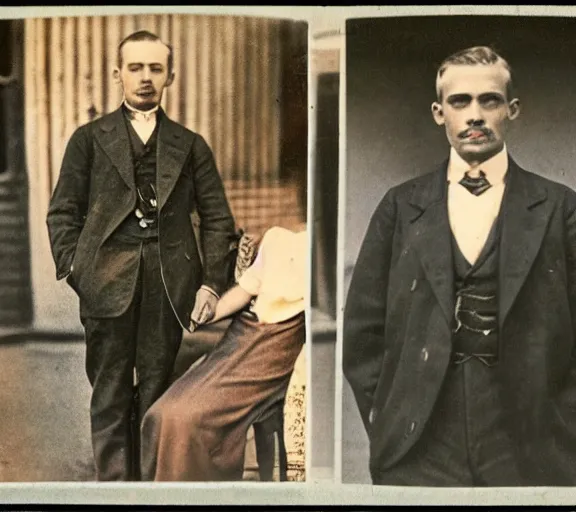 Prompt: color photo of attractive man and woman, age 40, in the year 1915