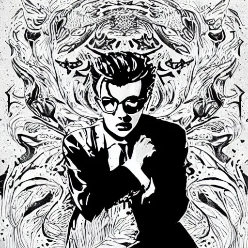Image similar to black and white pen and ink!!!! Twin Peaks Black Lodge goetic vampire James Dean x David Bowie handsome beard golden!!!! Vagabond!!!! floating magic swordsman!!!! glides through a beautiful!!!!!!! floral!! battlefield dramatic esoteric!!!!!! pen and ink!!!!! illustrated in high detail!!!!!!!! by Moebius and Hiroya Oku!!!!!!!!! graphic novel published on 2049 award winning!!!! full body portrait!!!!! action exposition manga panel black and white Shonen Jump issue by David Lynch eraserhead and beautiful line art Hirohiko Araki!!