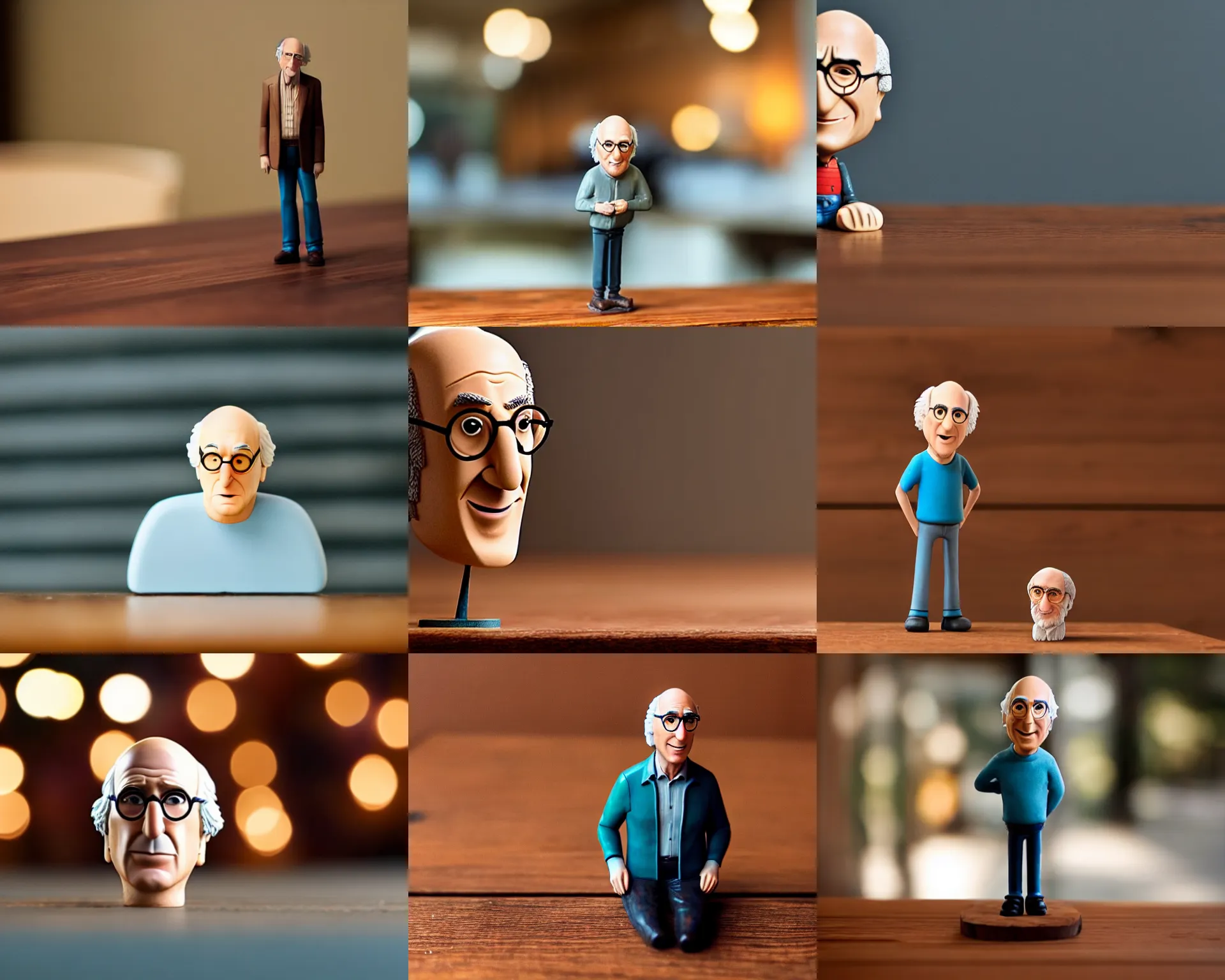 Prompt: larry david figurine by pixar sad bokeh on wooden table.