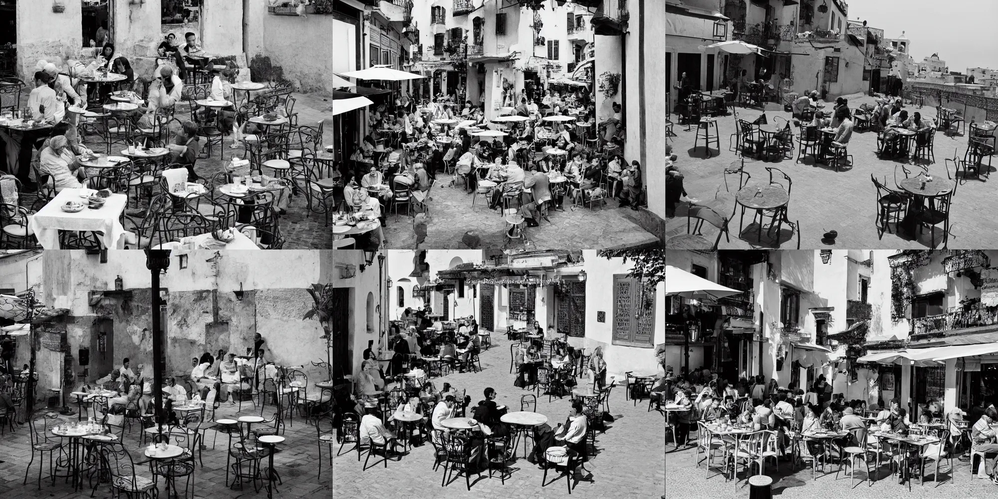 Prompt: La terrasse d'un café à Rabat. Street photography, Henri Cartier Bresson.