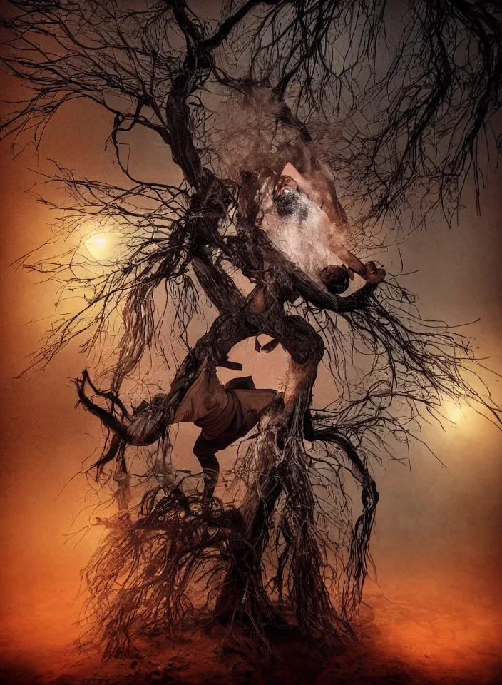 Image similar to full body shot of old asian man with long beard, hanging from a tree, his head hanging upside down, covered in roots, bright multiple glowing eyes, reflections, holding a occult carved wooden dark fractal stick, hanging upside down, head upside down, thick smoke around him, in the burning desert, cinematic shot, wide angle, dark desert background, volumetric lighting by Denis Villeneuve, Lubezki, Gaspar Noe, Christopher Doyle and Alejandro Jodorowsky, anamorphic lens, anamorphic lens flares, kodakchrome, cinematic composition, practical effects, award winning photo, 8k