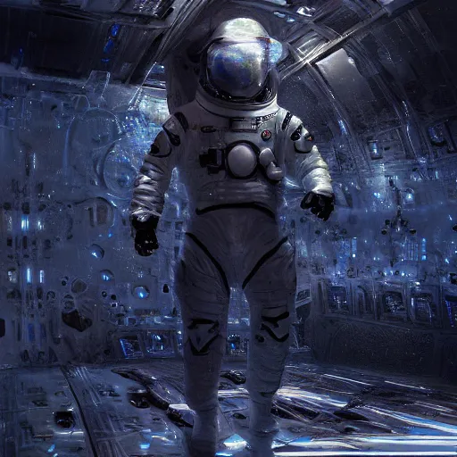 Image similar to concept art by craig mullins infrared complex and hyperdetailed technical astronaut suit in futuristic dark and empty spaceship underwater. mandelbulb fractal. reflection and dispersion materials. rays and dispersion of light. volumetric light. 5 0 mm, f / 3 2. noise film photo. flash photography. unreal engine 4, octane render. interstellar movie art