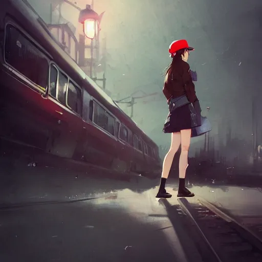 Prompt: a cute girl wearing glasses and a cap, looking to the trains, cinematic lighting, dramatic atmosphere, artwork by dustin nguyen, akihiko yoshida, greg tocchini, greg rutkowski, cliff chiang, 4 k resolution, trending on artstation,