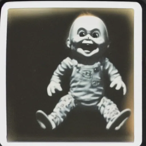 Image similar to old polaroid photo of first contact with the screaming chucky doll