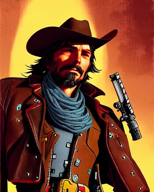 Image similar to mccree from overwatch, cyber space cowboy, character portrait, portrait, close up, concept art, intricate details, highly detailed, vintage sci - fi poster, retro future, vintage sci - fi art, in the style of chris foss, rodger dean, moebius, michael whelan, and gustave dore
