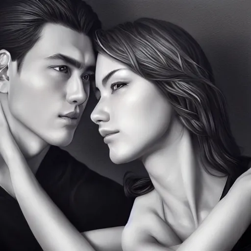 Image similar to perfectly centered symmetrical split male and female portrait of man and woman in love sharing one heart ; art by artgerm, photorealistic, highly detailed ; trending on artstation