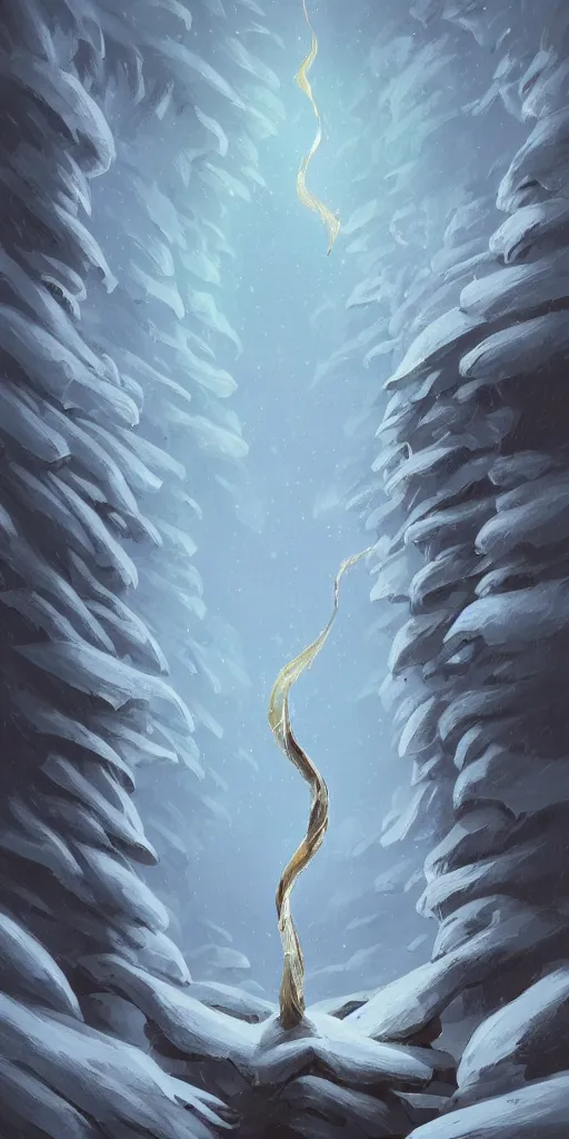 Image similar to a twisting and carved wooden staff mounted with a glowing crystal stuck in the ground halfway up a snowy mountain in the style of Sylvain Sarrailh, wispy magical smoke, beautiful digital art, cinematic composition, detailed, concept art, Matt painting, oil painting, high res
