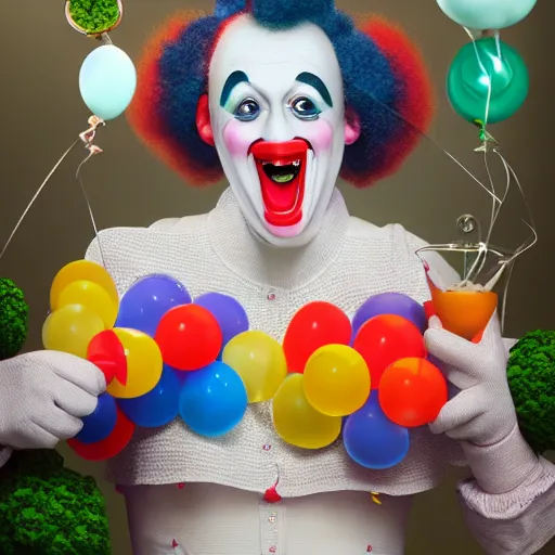 Prompt: female clown: giant smile: and chrome balloons:: in a terrarium:: hyper-realistic, extremely detailed, sharp photo, no blur, octane render, 8K