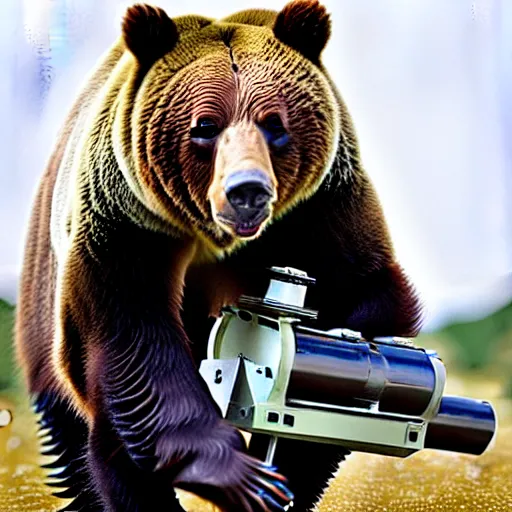 Image similar to grizzly bear holding a mounted minigun