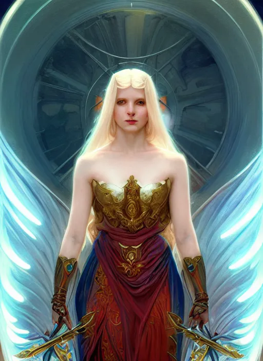 Image similar to the pale blond angel of battle apollo smirking, sci fi, glowing eyes, volumetric lights, red and cyan theme, art nouveau botanicals, intricate, highly detailed, digital painting, artstation, concept art, smooth, sharp focus, cinematic, illustration, beautiful face, art by artgerm and greg rutkowski and alphonse mucha