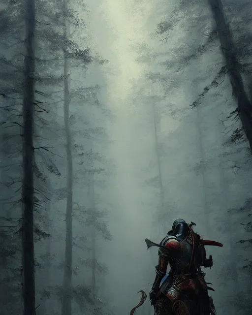 Image similar to Hyper realistic painting of a knight in rusty full plate armor wielding a greatsword, hyper detailed, surrounded by a dark forest, fog, moody, cinematic lighting, dim blue lighting, by greg rutkowski, trending on artstation