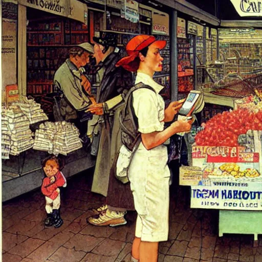 Prompt: A woman using a walkie talkie in the market , art by Norman Rockwell