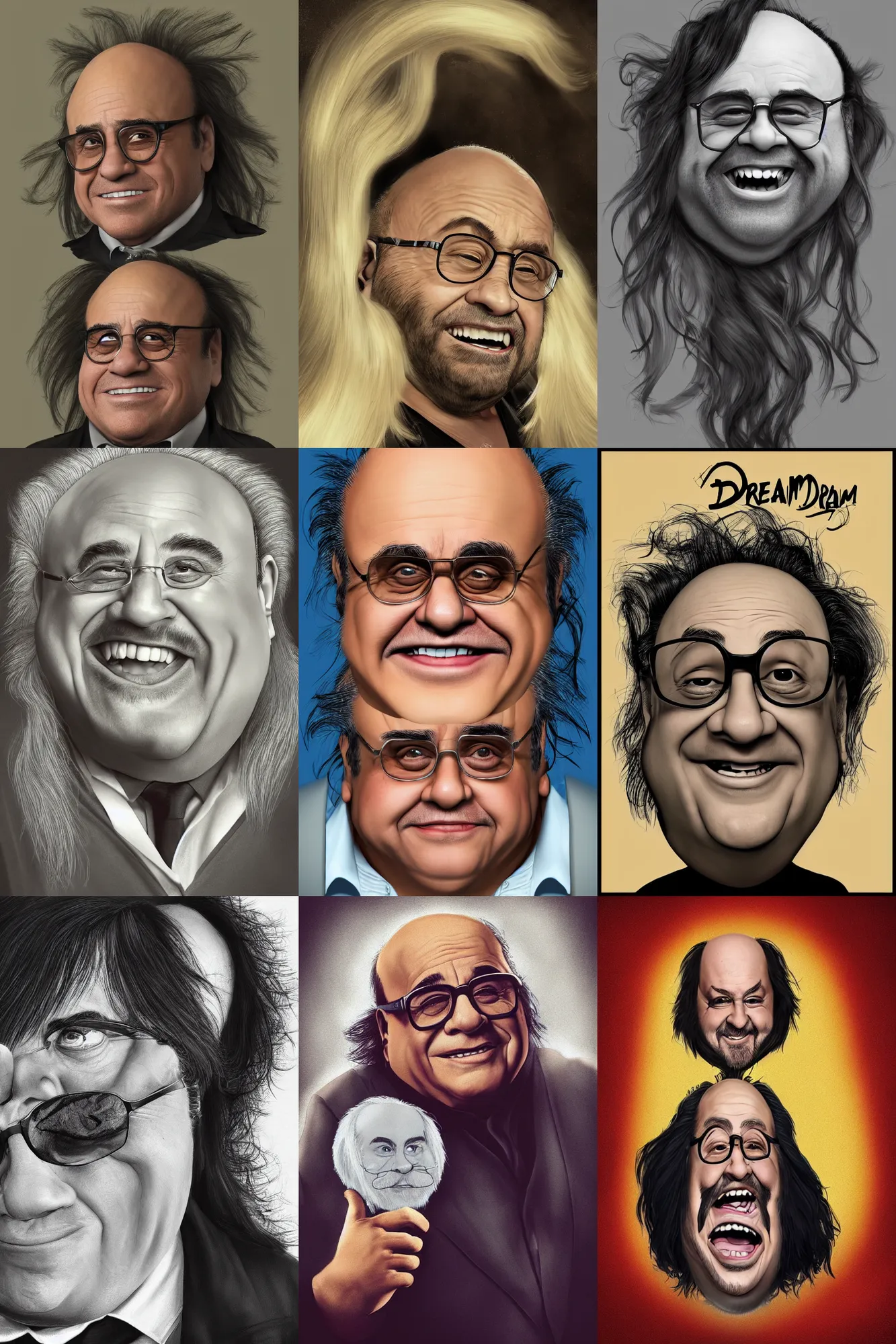 Prompt: !dream !dream danny devito with a full head of hair, long flowing hair and long bangs by nick silva, trending on artstation, instagram, 4k, bald::-10