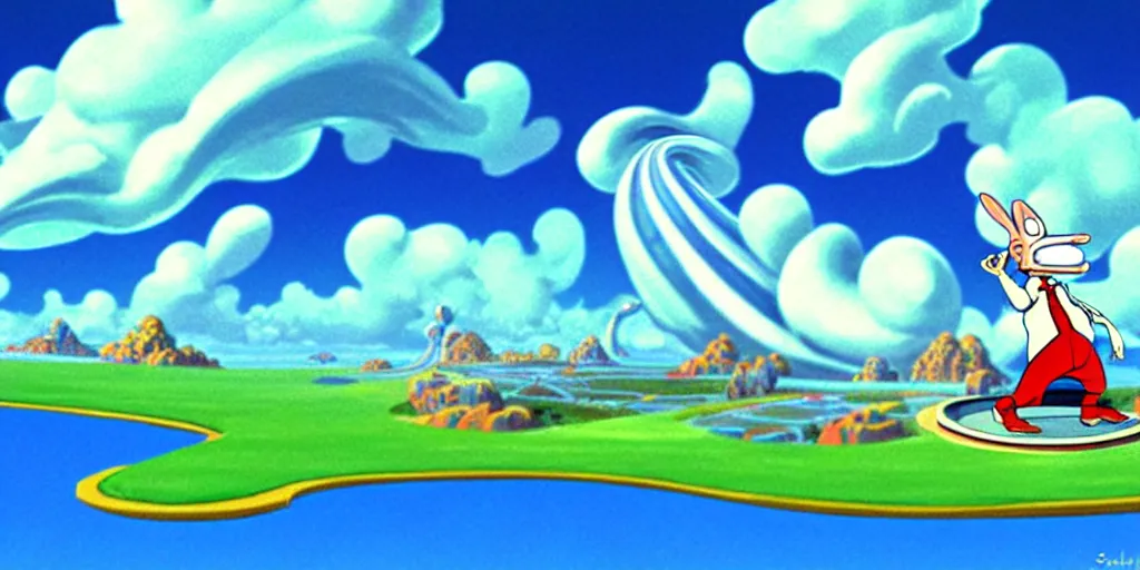 Image similar to cartoon concept art, clean blue sky, spiral clouds, from sam and max, from the hortons