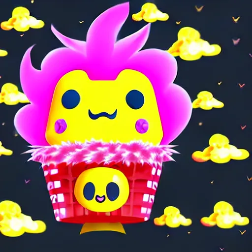 Prompt: kawaii wacky fluffy popcorn with lightning bolt power, yokai, in the style of a mamashiba, with a yellow beak, with a toroidal energy field, with a smiling face and flames for hair, sitting on a lotus flower, white background, simple, clean composition, symmetrical, suitable for use as a logo