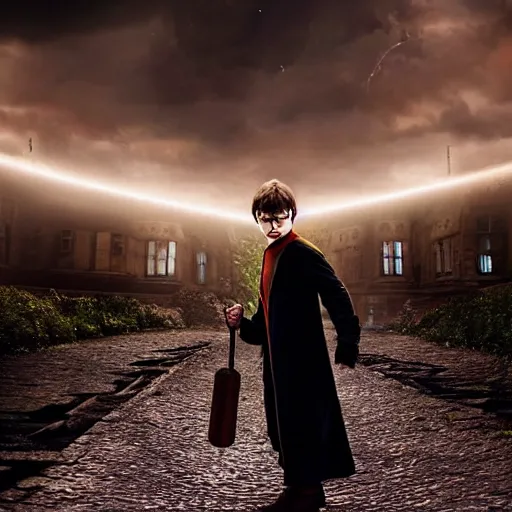 Image similar to Harry potter standing and holding a short wand, yellow light spell, side view, daniel radcliffe, thunderclouds, cinematic shot, wide shot, epic scale, photorealistic detail and quality, intricate cobblestone, magical particle effects, movie still, nighttime, crescent moon, sharp and clear, action shot, intense scene, visually coherent, symmetry, rule of thirds, movement, photorealistic colors, cool colors transitioning to warm colors, modest tone, award winning, directed by Steven Spielberg, Christopher Nolan, Tooth Wu, Asher Duran, artstation