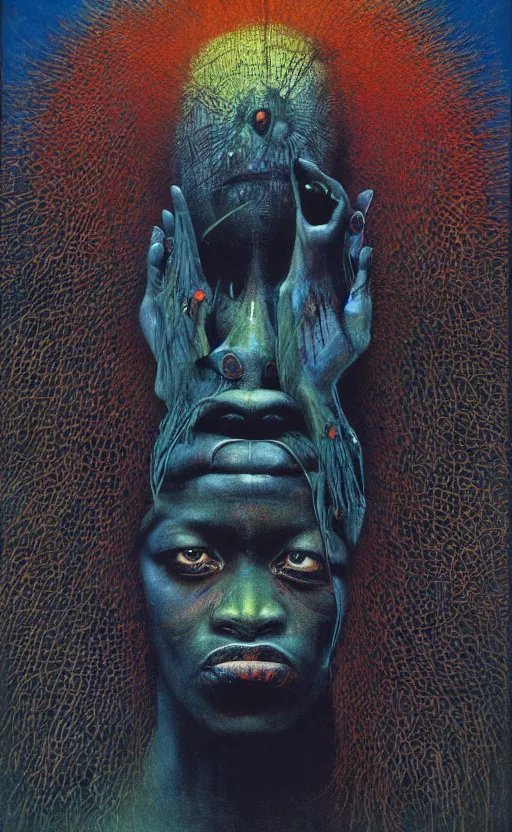 Image similar to portrait of african tribal chief, symmetrical, dramatic lighting, colourful, art by zdzislaw beksinski,