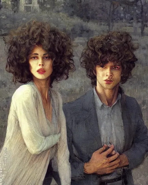 Prompt: two handsome but creepy young people in layers of fear, with haunted eyes and curly hair, 1 9 7 0 s, seventies, wallpaper, a little blood, moonlight showing injuries, delicate embellishments, painterly, offset printing technique, by coby whitmore, jules bastien - lepage, mary jane ansell