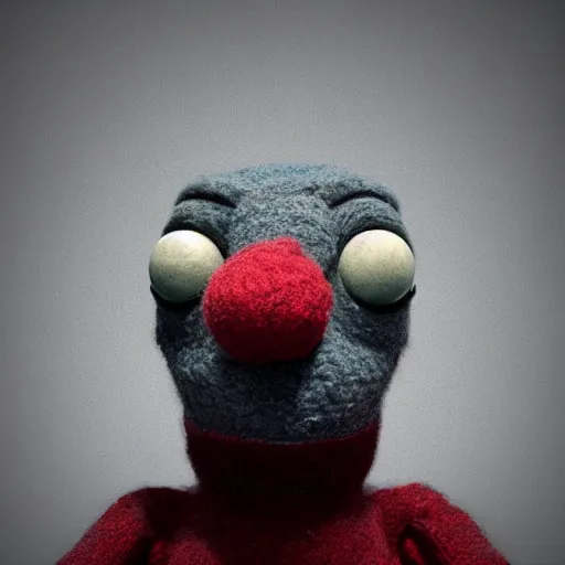 Image similar to woollen sock puppet from hell, missing an ear, big bobbly eyes, octane render, volumetric lighting, smokey atmosphere, rim lighting, glow lights, sharp focus, clear focus, soft shadows, highly intricate, hdr, creepy, clown vibes, textures, 8 k, 4 k, cinematic pose, trending on artstation, deviantart, award winning, contest entry