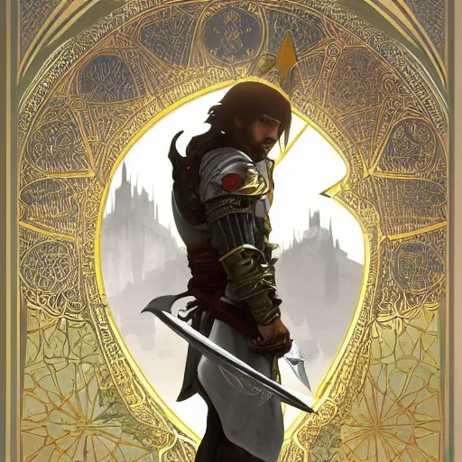 Image similar to an ultra detailed vector image of solaire of astora dressed as ezio auditore, concept art by alphonse mucha and greg rutkowski, praise the blood moon, octane render, liminal space