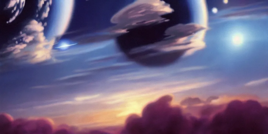 Image similar to blue dreamy cloudscape with a single planet in the clouds, daylight, cinematic lighting, cinematic perspective, syd mead, john harris, federico pelat,