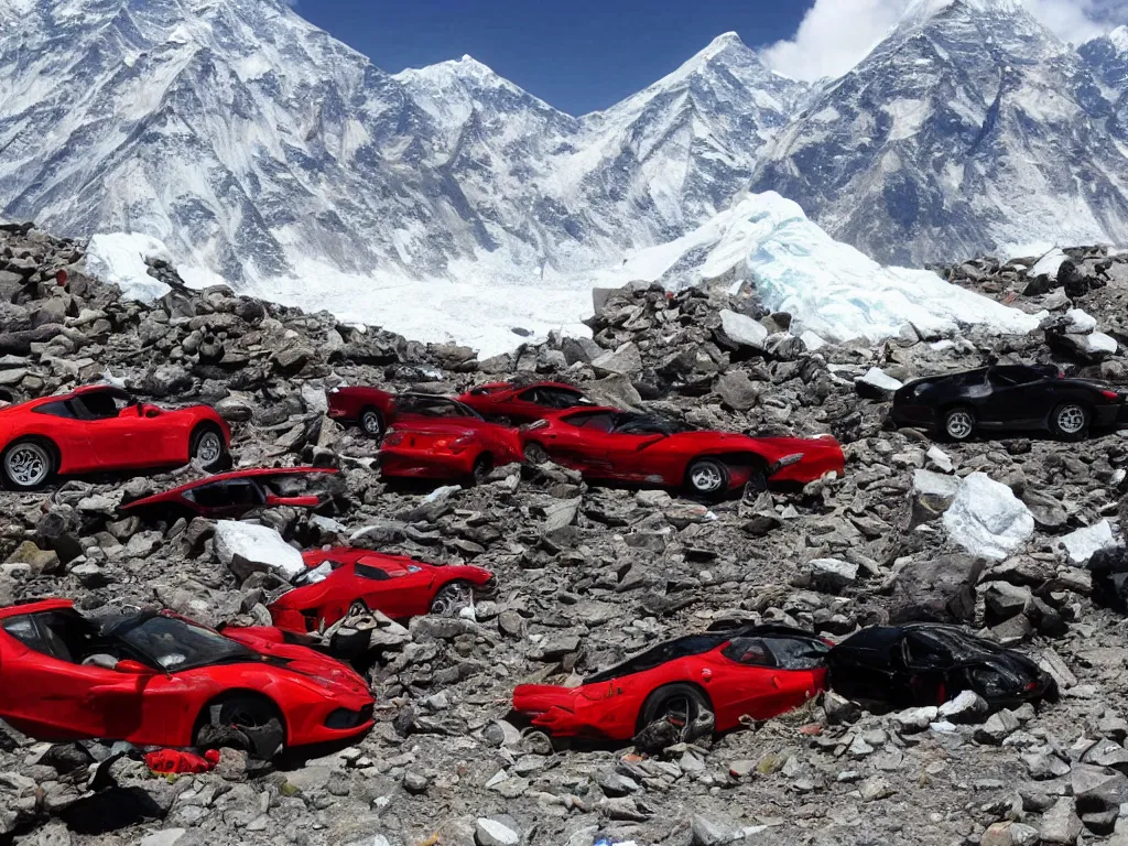 Image similar to mount everest with crashed ferraris, 3 model l