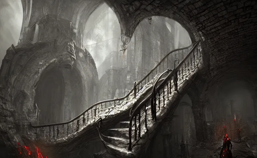 Prompt: an infinitely long wretched winding crooked staircase leading down into the depths of hell, trending on artstation, doom eternal, dark souls, unreal engine, moody, atmospheric