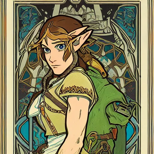 Image similar to a painting of the legend of zelda : breath of the wild by mucha