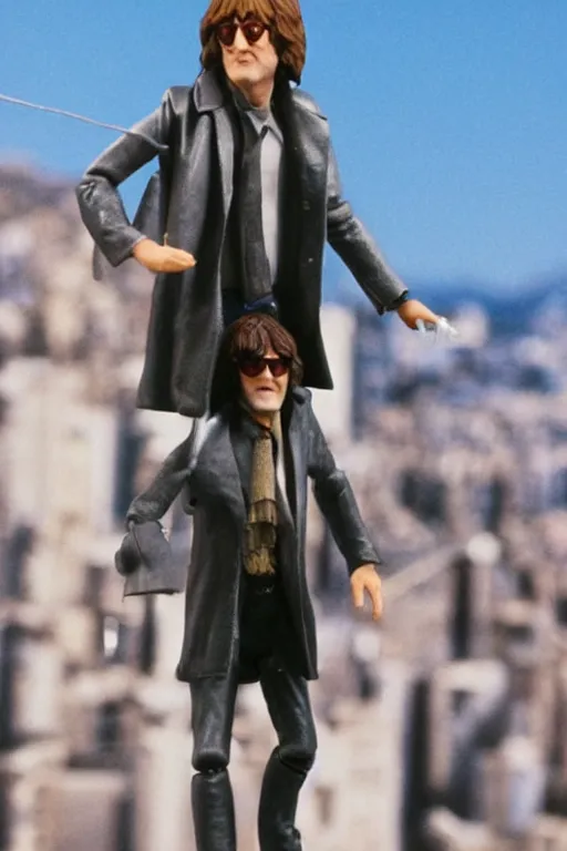 Prompt: john lennon action figure, rooftop let it be scene