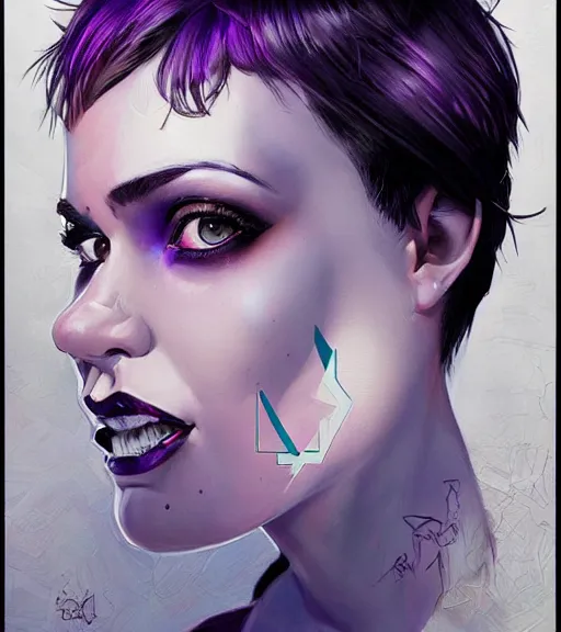 Prompt: portrait of a young cute beautiful female with horns, short blue-hair purple-skin artwork by Sandra Chevrier, metaverse, artstation