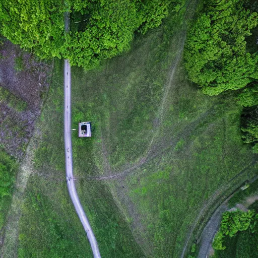 Prompt: drone fottage of an old abandoned road