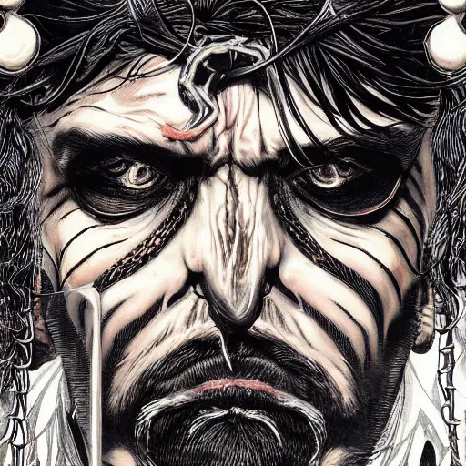 Image similar to portrait closeup of crazy captain hook, galleons around, symmetrical!!!, hyper detailed, by yoichi hatakenaka, masamune shirow, josan gonzales and dan mumford, ayami kojima, takato yamamoto, barclay shaw, karol bak, yukito kishiro