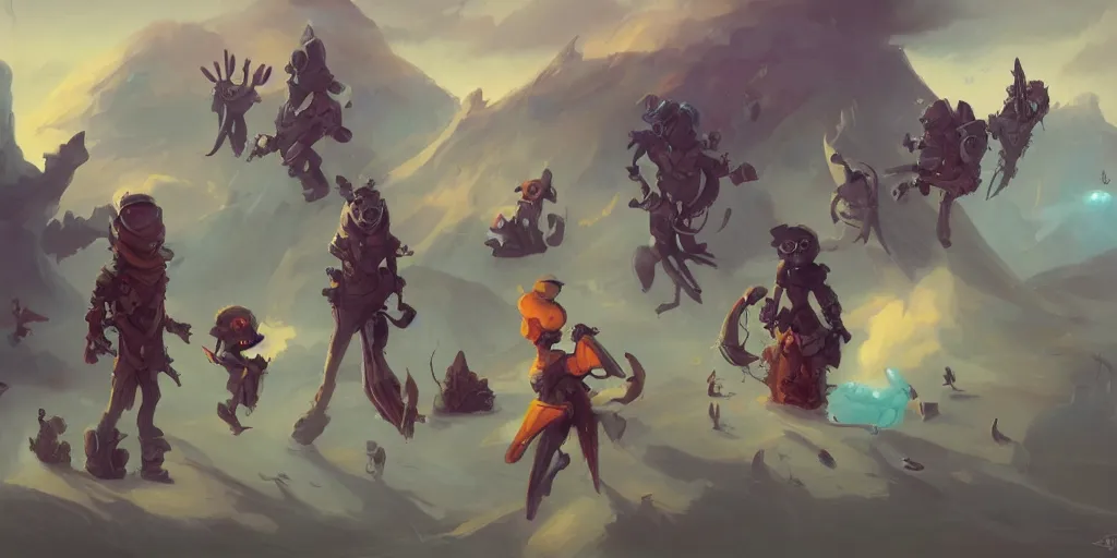 Image similar to Character concept art of a group of quirky outcast that are a crew on a small spaceship by Peter Mohrbacher