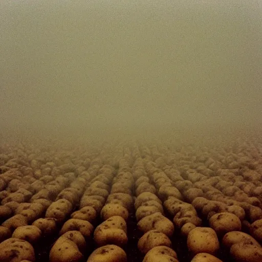 Prompt: Beautiful Liminal Grainy foggy disposable-camera Photograph of a infinite infinite infinite Town with many potatoes potatoes potatoes potatoes on the floor