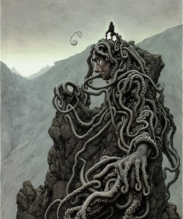 Image similar to A detailed gray-eyed tentacleheaded human stands among the mountains with a pebble in hands. Wearing a ripped mantle, robe. Extremely high details, realistic, fantasy art, solo, masterpiece, art by Zdzisław Beksiński, Arthur Rackham, Dariusz Zawadzki