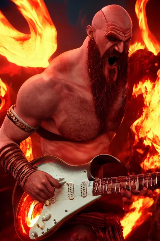 Prompt: screaming kratos rocking out on a flaming stratocaster guitar, cinematic render, god of war 2 0 1 8, playstation studios official media, lightning, flames, left eye stripe, left eye stripe, left eye stripe, left eye stripe, clear, coherent