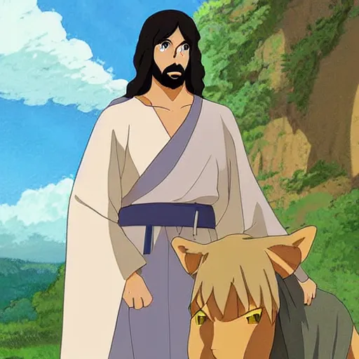 Prompt: jesus of nazareth as a handsome anime man in the style of studio ghibli