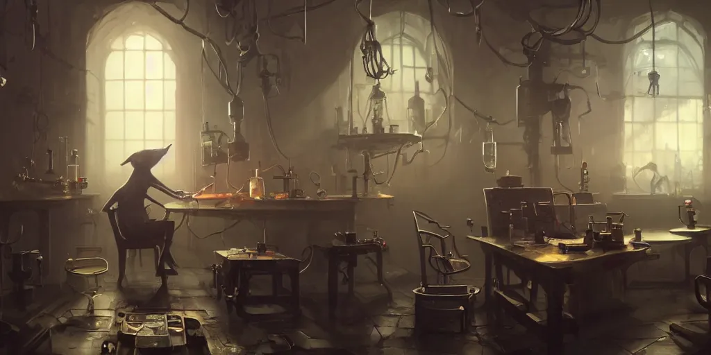 Image similar to humanoid rat in a laboratory sitting at a desk with lots of flasks filled with magic liquids and poisonous fog, stephen bliss, unreal engine, fantasy art by greg rutkowski, loish, rhads, ferdinand knab, ilya kuvshinov, rossdraws, tom bagshaw, global illumination, radiant soft light, detailed and intricate environment