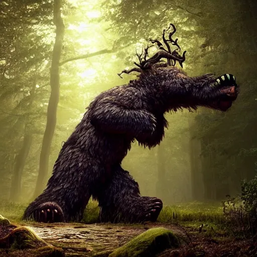 Image similar to a giant bear-shaped lovecraft monster beast with 6 arms running quickly through a woodland, scary bear monster, 4 arms, magical forest, fantasy, Ireland, England, king Arthur, Lord of the rings, cinematic, realistic style, beautiful, majestic, dramatic lighting, early morning, dawn CGsociety, realistic, hyper maximalist, golden ratio, octane render, rule of thirds, wide shot , 8k resolution, epic volumetric light, cinematography, concept art, Artstation trending, environments, fantasy