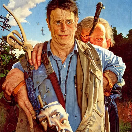 Prompt: high quality high detail painting of crazy people by david mattingly and norman rockwell and nc wyeth, hd, realistic matte, photorealistic lighting, composition and layout inspired by gregory crewdson, modern supernatural horror, stephen king.