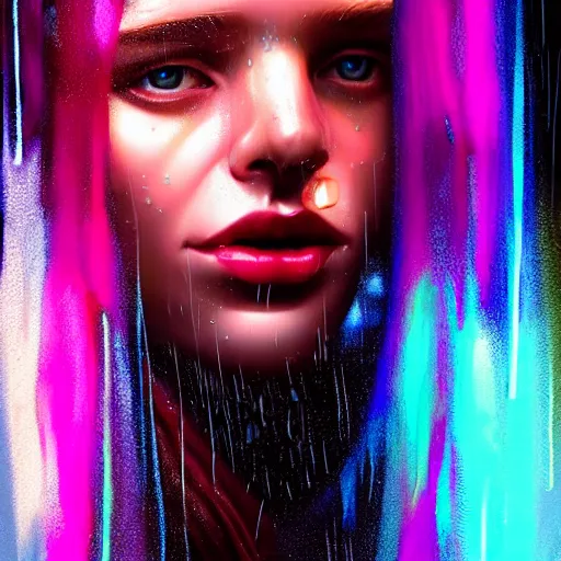 Prompt: bright asthetic portrait LSD glowing backlit rain on face and wet hair in strands, overhead lighting, fantasy, intricate, elegant, dramatic lighting, highly detailed, lifelike, photorealistic, digital painting, artstation, illustration, concept art, smooth, sharp focus, art by John Collier and Albert Aublet and Krenz Cushart and Artem Demura and Alphonse Mucha