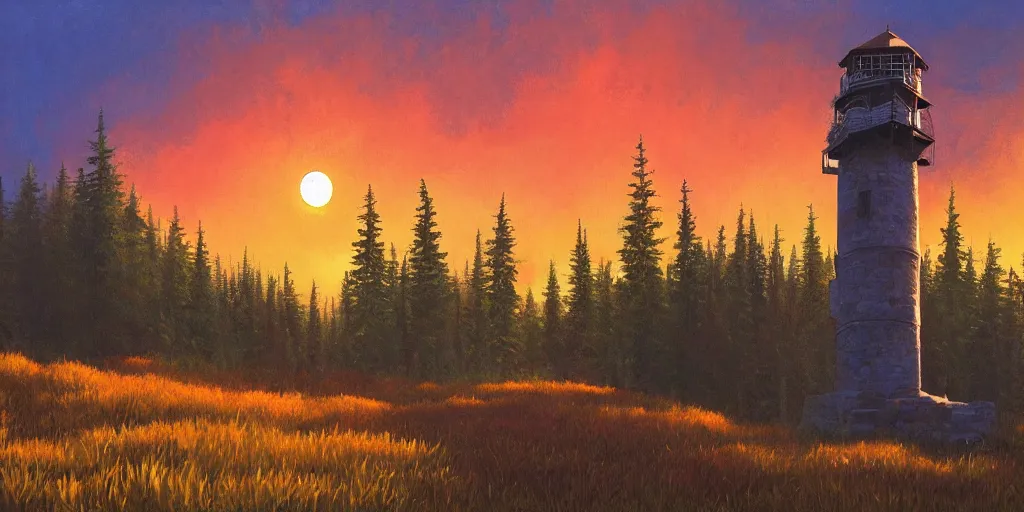 Prompt: A majestic firewatch tower in the woods at sunset Acrylic Painting, Detailed, Volumetric Lighting, Matte Finish