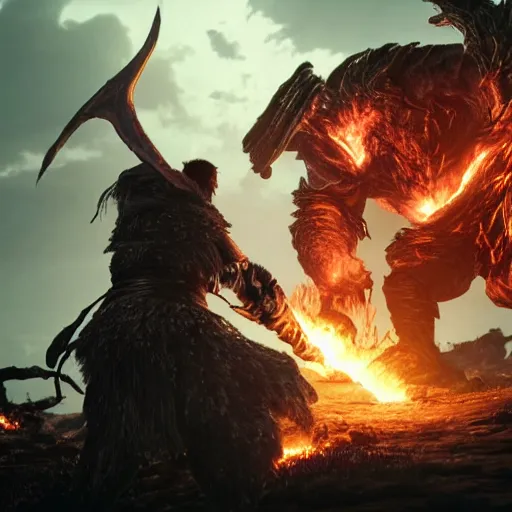 Prompt: Yorm the Giant from DS3 fighting The Fire giant from Elden Ring
