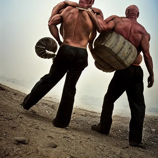 Prompt: a muscular bald man carrying two turbines on his back, portrait photograph, nikon 3 5 mm, photograph by annie leibovitz and steve mccurry