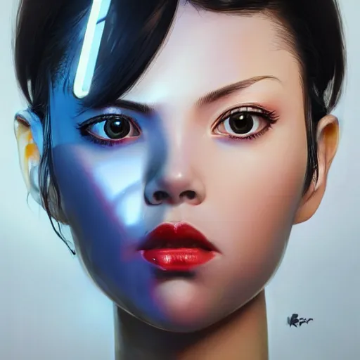 Image similar to A cyborg girl with big and cute eyes, fine-face, realistic shaded perfect face, fine details. red, black and white robotic parts. realistic shaded lighting poster by Ilya Kuvshinov katsuhiro otomo ghost-in-the-shell, magali villeneuve, artgerm, Jeremy Lipkin and Michael Garmash, Rob Rey and Kentarõ Miura style, trending on art station