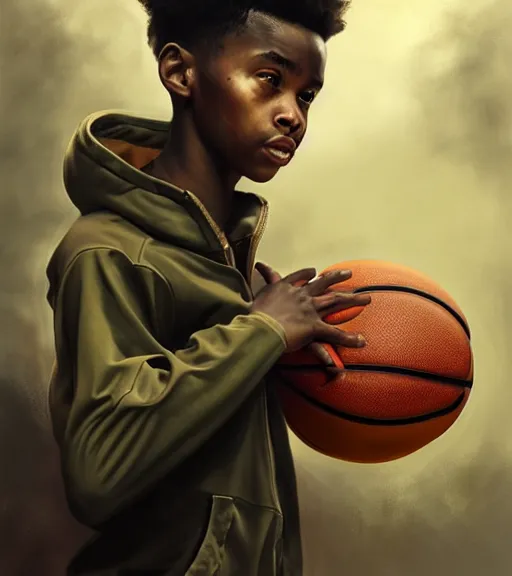 Prompt: portrait of a boy at a basketball court playing basketball wearing a military jacket in a basketball court standing near the basketball hoop, intense emotion, detailed facial expression, detailed surroundings, intricate, elegant, highly detailed, centered, digital painting, artstation, concept art, smooth, sharp focus, illustration, by (Peter Mohrbacher), WLOP