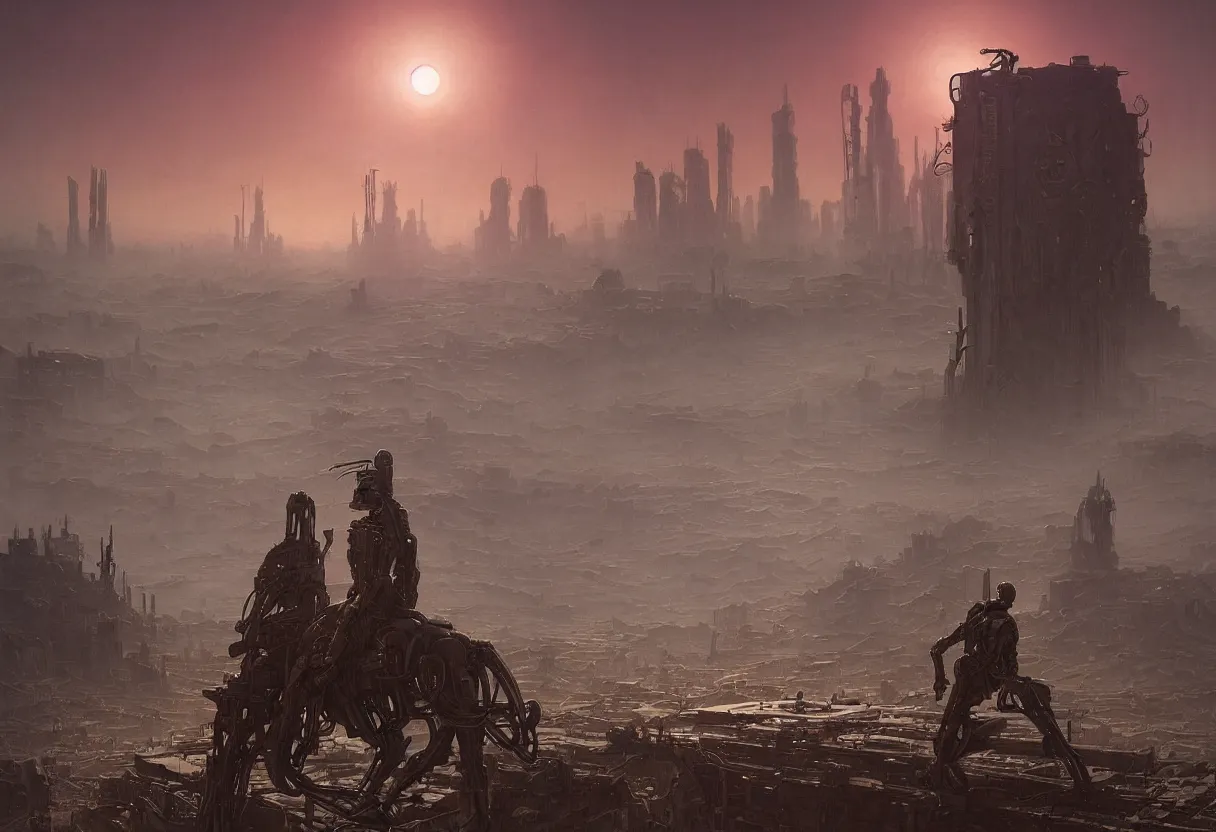 Image similar to cybernetic robot cowboy in a desolate wild west setting at sunset with a futuristic city on the horizon, by daniel - by greg rutkowski and raymond swanland hr giger and zdzislaw beksinski and alphonse mucha and moebius, matte painting, hyperdetailed, symmetry, art nouveau, beautiful render, concept art